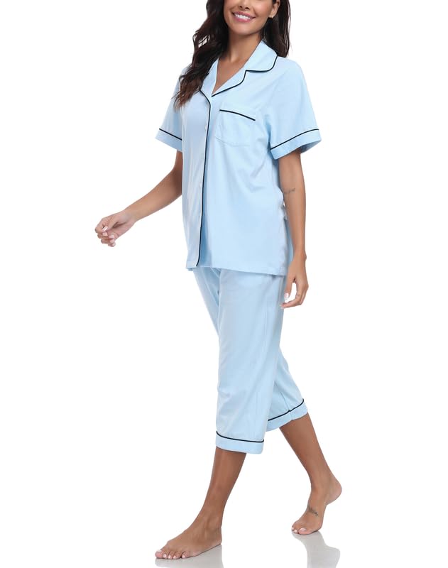 Image of COLORFULLEAF 100% Cotton Capri Pajama for Women Set Summer Short Sleeve Pj Sets for Women Cotton Sleepwear