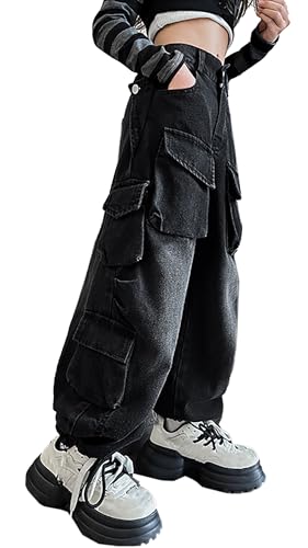 Joe Wenko Girls Denim Cargo Pants Baggy Y2K Wide Leg Jeans with Multi Pockets2