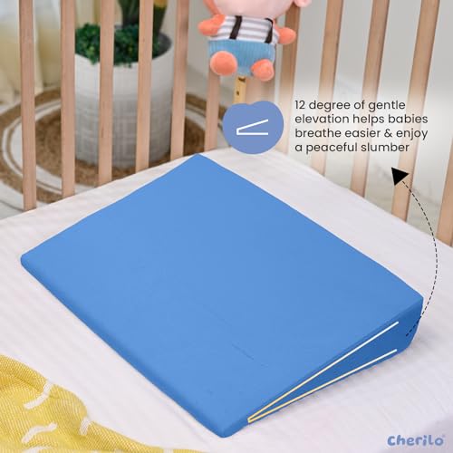 Image of Cherilo Half Size Elevated Wedge Pillow for Baby Crib & Mattress, Helps to Elevate Baby for Acid Reflux, Colic, GERD, Heat Burn & Vomiting - 19 inch x 13.5 inch x 3.5 inch - With Removable Velvet Cover - Sky Blue