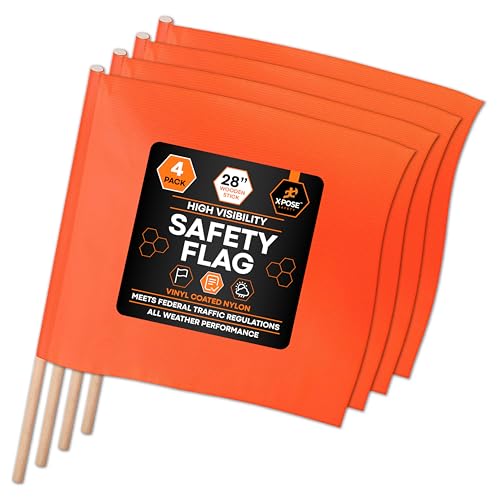 Image of Xpose Safety Orange Vinyl Safety Flags 18 inch x 18 inch with 28 inch Wooden Staff, 4 Pack - High Visibility Warning Flags for Road Work, Traffic Control, Parking Lots & Emergency Response