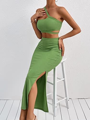Makemechic Women's 2 Piece Outfits Cut Out One Shoulder Crop Top And Split Long Skirt Set Green L #TOP5