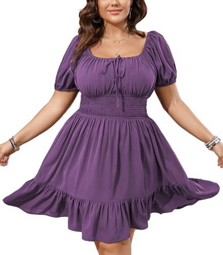 Image of SCOMCHIC Womens Plus Size Mini Dress Square Neck Puff Short Sleeve Casual Summer A Line Boho Cute Spring Short Dresses