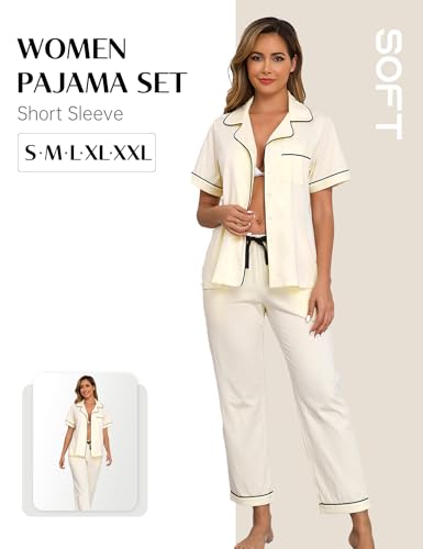 Image of COLORFULLEAF Women's 100% Cotton Pajamas Set Short Sleeve Sleepwear Soft Button Down Loungewear Pjs with Pockets S-XXL(Tan,S)