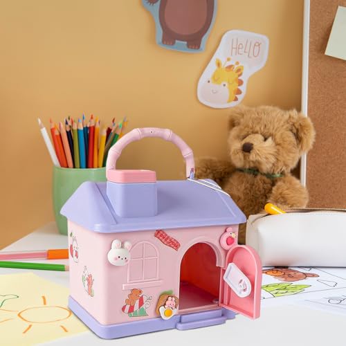Image of Cute Toy House Money Coin Box with 3D Sticker Metal Piggy Bank with Secure Lock & Keys for Kids, House Shaped Money Saving Coin Collection Box for Girls (Pack of 1, Multicolour) (Design-3)