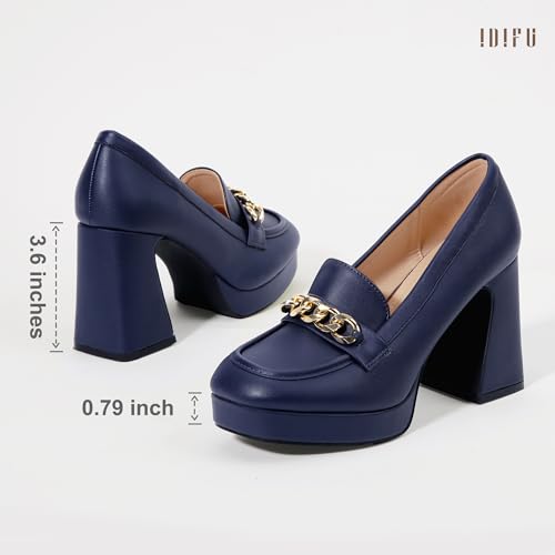 IDIFU IN4 Platform Heels Closed Square Toe Chunky Block High Penny Loafers Pumps with Metal Chain Wedding Prom Graduation Formal Dress Shoes for Women Dressy Slip On Thick Uniform Platform Pumps4