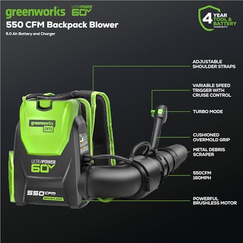 Image of Greenworks 60V Cordless Leaf Blower (550 CFM / 160 MPH) Variable Speed Brushless Backpack Blower for Fall Leaf Removal, Yard, Patio, Driveway Outdoor Cleaning, 5.0Ah Battery & 6A Charger Included