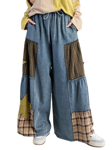 utcoco Women's Y2k Trendy Patchwork Wide Leg Jeans Drawstring High Waisted Denim Pants Casual Baggy Flare Jeans