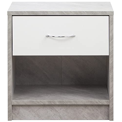 BAKAJI Comodino Semplice, Mobile con Cassetto e Ripiano Inferiore, Robusto Resistente Design Moderno Camera da Letto Soggiorno, Casa, Ufficio, Multiuso, Spazioso (Cemento e Bianco)