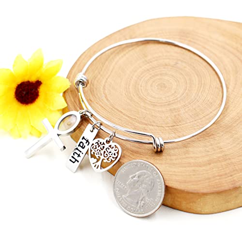 Image of Uloveido Stainless Steel Tree of Life Bangle Mustard Seed Pendant Faith Cuff Bracelet Gifts for Women Teen-Girls Y639