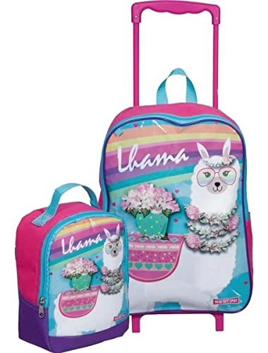 Mochila Escolar Infantil Bichos Lhamas Rodinha Grande + Lancheira