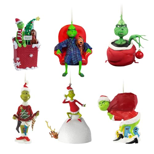 Lotvic Paquete de 6 adornos navideños Grin-ch, adornos para árbol de Navidad, adornos colgantes de resina para el hogar, vacaciones, fiestas, monstruos de pelo verde