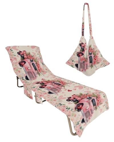 Valentine's Truck Beach Chair Towel Covers for Chaise Lounge with Side Pocket, Soft Plush Pool Towels Cover for Patio Sunbathing Outdoor 29''x85'' Romantic Rose Flower Vintage Love