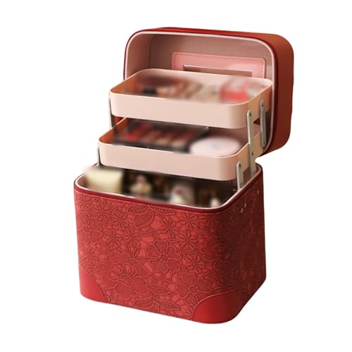 メイクボックス 鏡付き 大容量 コスメボックス 化粧品収納ボックス トレイ付き 持ち運び便利 多機能化粧品ケース 小物入れ 防塵防水 コスメ収納 整理簡単 旅行用 (レッド)