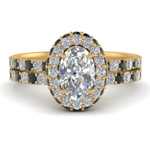 Image of Choose Your Gemstone Oval Halo Rollover Diamond CZ Wedding Ring Yellow Gold Plated Oval Shape Wedding Ring Sets Matching Jewelry Wedding Jewelry Easy to Wear Gifts US Size 4 to 12
