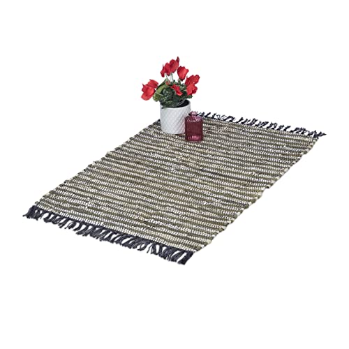 Relaxdays Tapis à Franges, 60x100 cm, Coton et Cuir, tissé Main, antidérapant, natte, Chambre, Couloir, Vert Kaki