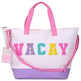 iscream Bolsa de viaje de fin de semana de 23.5 x 16 pulgadas con exterior de piel sintética, apliques de chenilla al vacío y etiqueta de equipaje, Vacay, 23.5' x 16', Casual