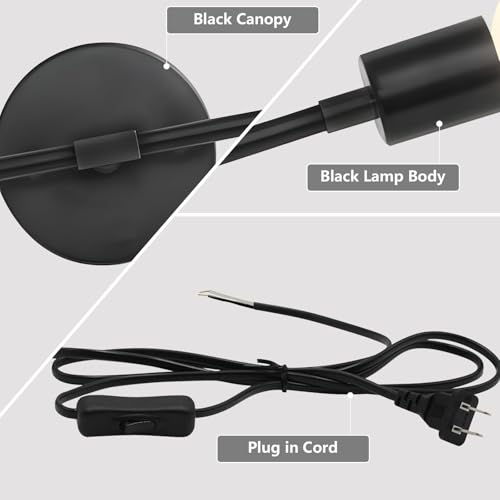 Image of KCO Lighting Plug in Black Wall Sconce 2 Light Vanity Light Fixture Slim Wall Sconce Plug in Vintage Wall Lamps for Living Room Bedroom