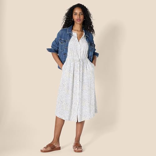 Image of Amazon Essentials Women's Fit and Flare Half-Sleeve Waisted Midi A-Line Dress with Pockets
