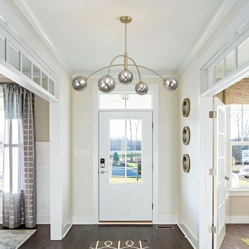 Image of Modern Gold Chandelier 5 Light Smoke Gray Semi Flush Mount Chandelier Vintage Industrial Ceiling Light Dining Room Chandelier for Kitchen Bedroom Hallway