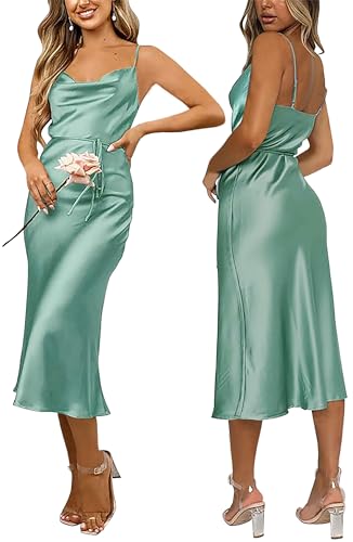 Image of Tsher Women's Sleeveless Spaghetti Strap Satin Wedding Guest Party Dress Cowl Neck Backless Midi Formal Dresses