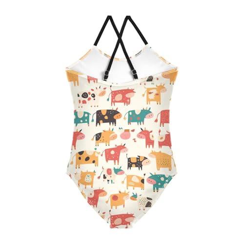 Cute Cow Pattern Hand Drawn Kids Girls 1-Piece Bathing Suit Beach Swimming Suits Adjustable Shoulder Strap Cute2