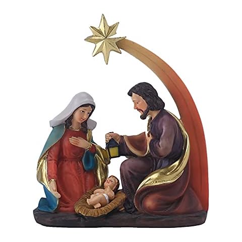 Siunwdiy Krippenfigur, Deko Figur Heilige Familie Maria Josef mit Jesus Kind Krippe Krippenblock handbemalt,heilige Figur Religiöse Dekoration Harz Statue Cover
