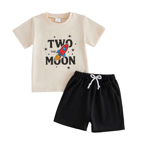 CREAIRY Two The Moon Toddler Baby Boy 2nd Birthday Outfit Astronaut Rocket Short Sleeve T-Shirt Shorts Set Summer Clothes (Apricot 2-3T)