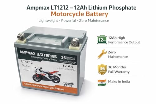 Image of AMPMAX LT1212 9lb size Lithium Phosphate Motorcycle Battery | 12Ah | Zero Maintenance | 36-Month Warranty | For Motorcycles