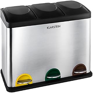Klarstein Ecosystem Stainless Steel Recycling Bin (45L, 3 Removable Plastic Buckets, Coloured Markings) Silver