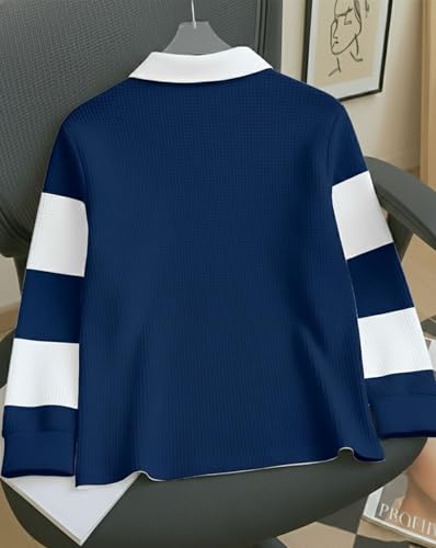 Image of Mens Stylish Half Zip Tshirt, Texture Striped Casual T-Shirt for Men, Formal Collared Neck Full Sleeves T-Shirt for Boys