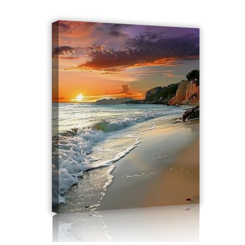 Art mural coucher de soleil YUNART, toile vagues bleues 45x60cm pour salle de bain