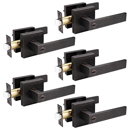 knobelite Juego de 5 manijas de puerta de privacidad, juego de manijas de puerta interior con bloqueo, función de privacidad para puertas de dormitorio y baño, palanca de mango de bronce aceitado