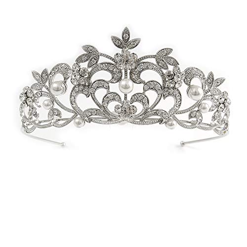 Preisvergleich Produktbild Avalaya Statement Brautschmuck Hochzeit Ball Rhodiniert österreichischen Kristall Glas Perle Blatt Tiara