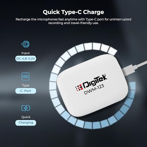 Image of Digitek (DWM 123 2-in-1 Wireless Microphone System with Charging Case & Magnetic Collar Clip, Type-C Receiver for iPhone 15 & Above, Android Phones, 60m Range, Build in Microphone, (White)