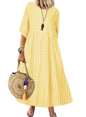Image of chouyatou Women's Casual Plaid Short Sleeve Beach Dress Crewneck Gingham Swing Flowy Midi Long Tunic Dress
