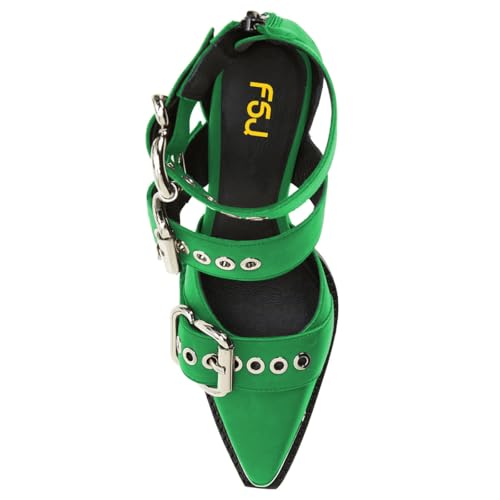 FSJ Women Pointed Toe Metal Buckle Hollow Out Leather Strappy Medium Thick Wedge Stacked Heel Sandal Zipper Fashion Pumps Shoes Size 4-16 US4