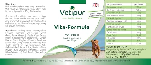 Vetipur Vita-Formel - 90 Tabletten - Rundumversorgung mit Ginseng, Teufelskralle, Ingwer, Mariendistel, Löwenzahn, Brennnessel, Weissdorn und Gingko Biloba - Futterergänzung für Hunde