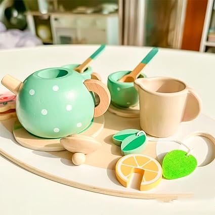 15PCS Tea Party Set for Children, Pretend Play Picnic Tea Time for Kids Wooden Tea Set for 3, 4 - Image 3