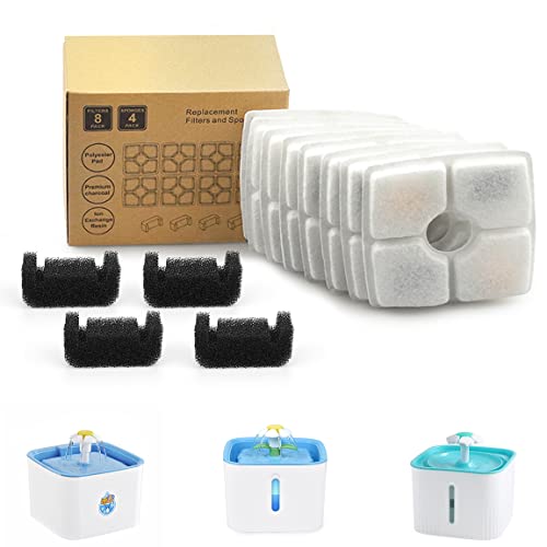 Katzenbrunnen Filter Set, 8 Stück Katzenbrunnen Filter mit 4 Stück Schwammfilter für Katzenbrunnen, Trinkbrunnen Ersatzfilter für Katzen und Hunde, Trinkbrunnenfilter mit Harz und Aktivkohle Cover
