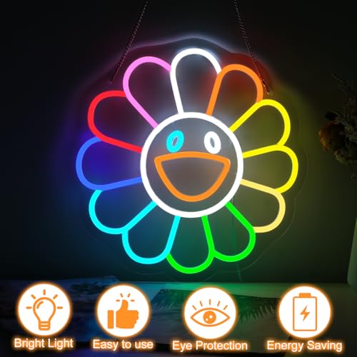 Image of Smiling Sunflower Neon Sign for Wall Decor, LED Neon Wall Art for Room Decor Aesthetic, Cute Rainbow Flower Neon Light Sign, Inspirational Positive Gifts for Friends, 14 inchx13.8 inch