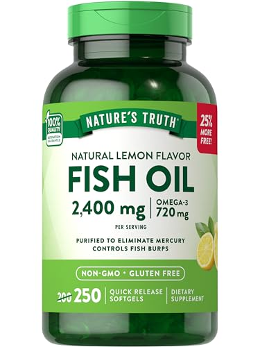 Natures Truth Burpless Fish Oil 2400mg | 250 Softgels | 720 mg Omega 3 | Natural Lemon Flavor Pills | Non-GMO & Gluten Free Supplement