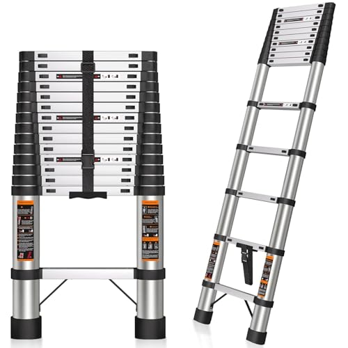 Consejos para Comprar Escaleras de Aluminio Walmart , tabla con los diez mejores. 42 JEMETTIE Escalera Telescópica Recta de 5 Metros, Escalera de Recta de Altura Ajustable con 13 Peldaños, Aluminio Reforzado y Duradera, Modelo Retráctil de Mayor Estabilidad