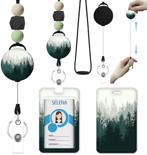 Teacher Retractable Lanyards for Id Badges, Forest ID Holder with Silicone Beaded Lanyard Badge Reel Retractable, Cute Name Tag Work Office Supplies for Men Women Teacher Gifts