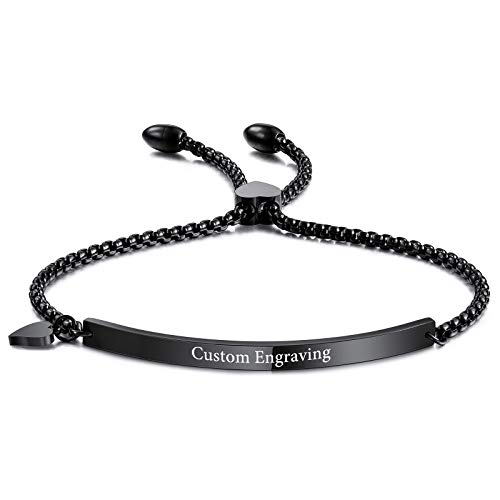 VIBOOS Personalized Bracelet Engraving Name Date for Women Girls Custom Stainless Steel Bangle with Adjustable Link Chain Heart Tag Bridesmaid Best Friend Jewelry Gifts