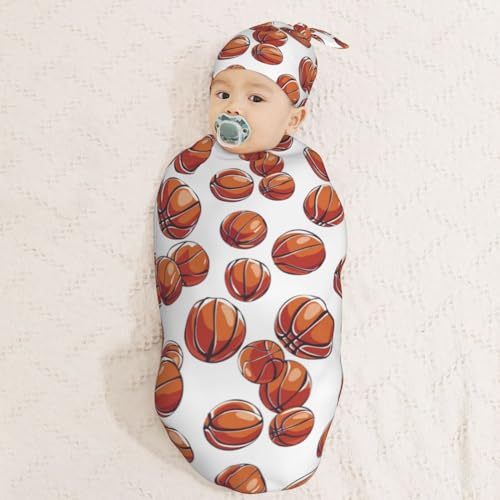 Image of Cartoon Basketball Ball Pattern Newborn Swaddle Blankets Hat Sets Soft Baby Receiving Blanket Swaddle Sack for Baby Shower Infant Boy Girl Gift