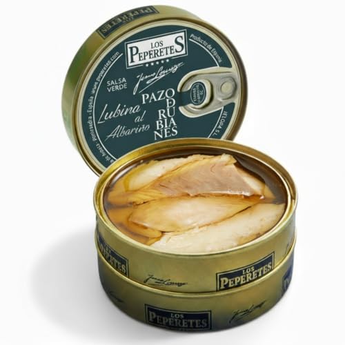LOS PEPERETES Lubina al Albariño Pazo Rubiales 120 g | Conserva Gourmet Gallega | Pescado Blanco del Atlántico en Salsa de Vino Albariño | Elaboración Artesanal | Maridaje con Vino Pazo Rubiales