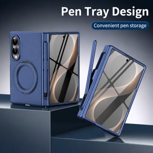 Image of amazon basics Armor Case for Samsung Galaxy Z Fold 8 with 360 Rotating Ring Stand, Built-in Screen Protector, Hinge Protection, and Included Stylus Pen (Matte Blue)