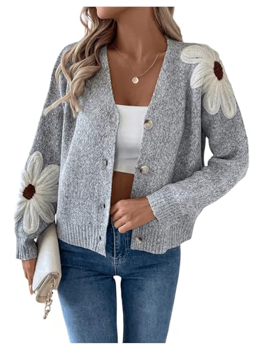 Image of SHENHE Women's Flora V Neck Button Down Cardigan Drop Shoulder Elegant Flower Sweater Outerwear