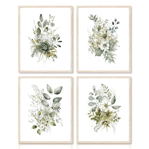 Dazzlewall 4Pcs Impresiones de Arte de Pared Botánicas, Impresión de Acuarela de Hojas Verdes de Salvia Boho, Decoración de Pared Minimalista para Dormitorio Sala de Estar Baño, 20x25 cm Sin Marco