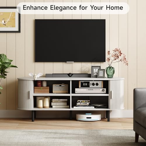 Image of ONBRILL 55 inch TV Stand with Power Outlet for TVs up to 60 Inch, Entertainment Center with Storage and Adjustable Shelves, Modern Media Console with Sliding Doors for Living Room, Natural White